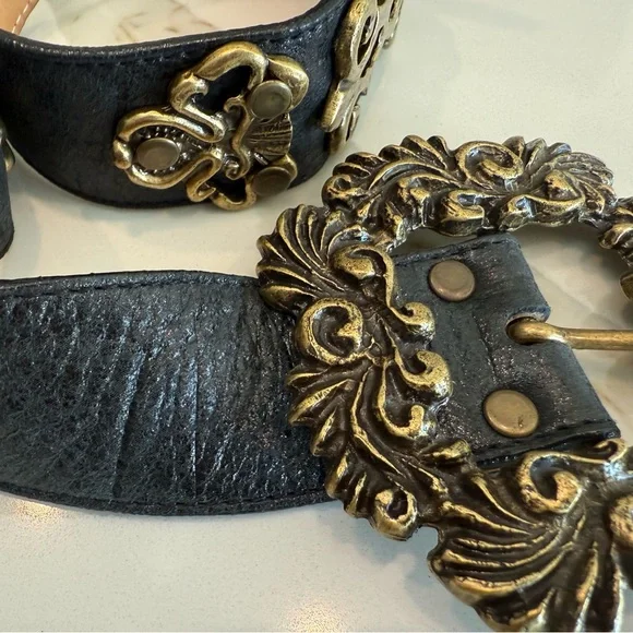Leatherock - Black/ Brass Leather Belt. - Picture 3 of 9